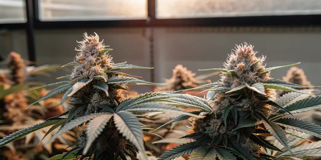Cannabis plant with dense buds, illuminated by natural light, inside a greenhouse.