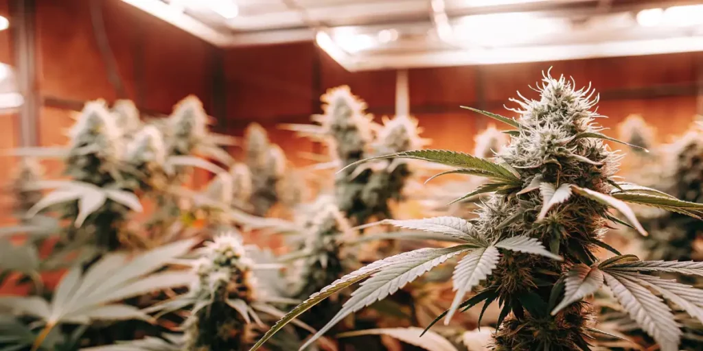 Cannabis plant growing indoors with visible buds and surrounding leaves under artificial lights.