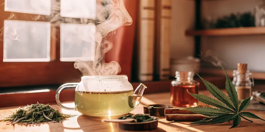 Hyper-realistic scene showing the preparation of cannabis tea, with fresh cannabis leaves, a steaming glass mug of tea, and a wooden spoon with loose cannabis on a table.