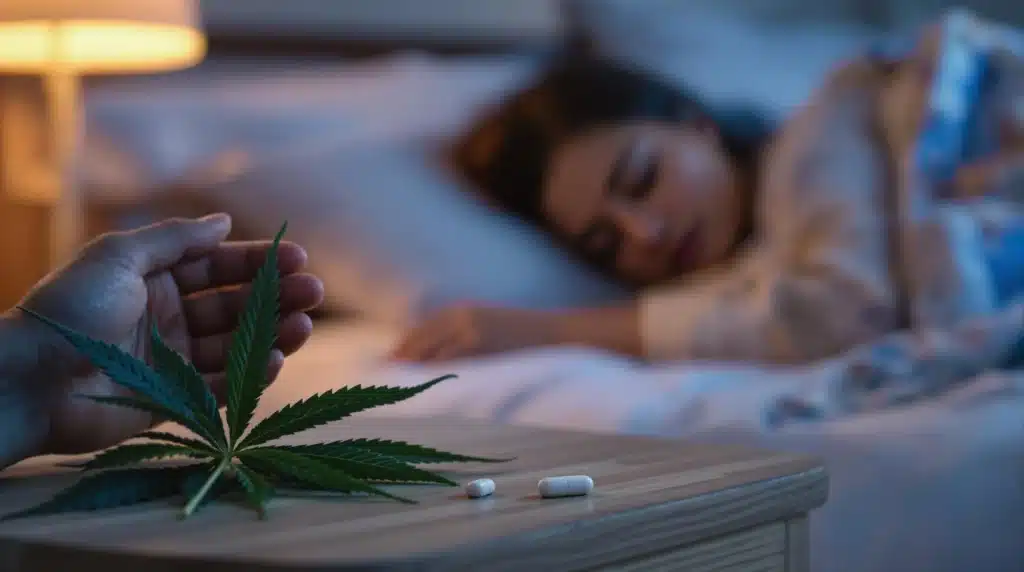 Cannabis leaf and melatonin capsules on a bedside table with a sleeping woman, highlighting the use of melatonin and weed for improved sleep.
