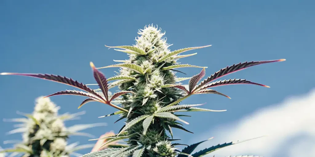 A cannabis plant with green leaves and developing buds under strong lighting.