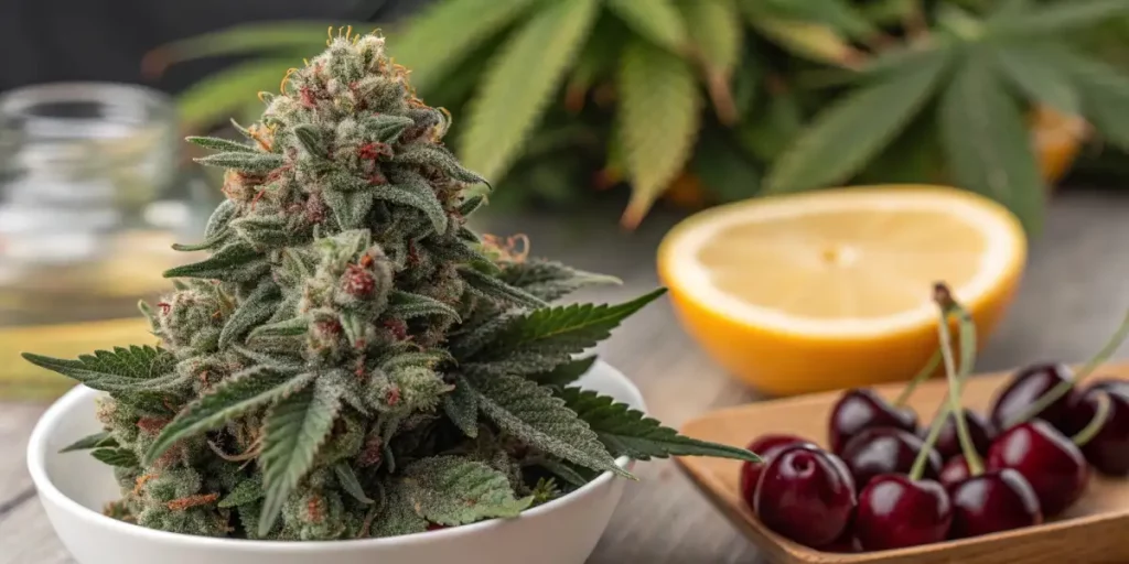 Close-up of a cannabis strain with purple and green leaves, showing the buds and trichomes.
