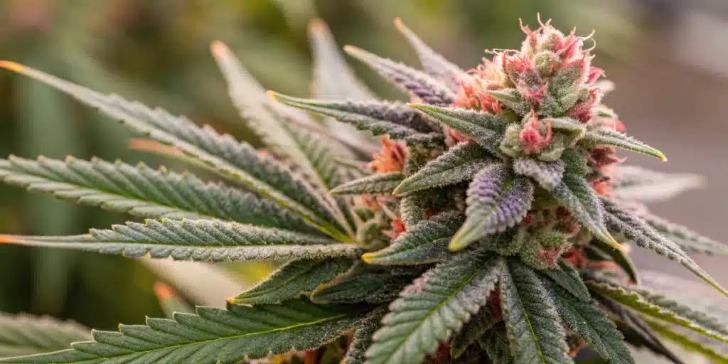 Close-up of Cherry Pie OG buds showcasing vibrant colors and sticky resin.