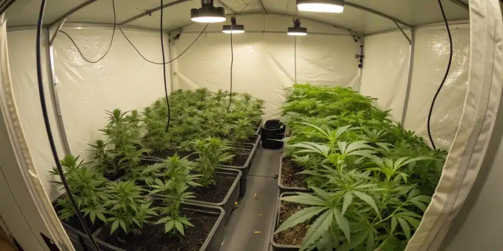 Indoor grow room featuring healthy Cherry Pie OG plants under LED lights.
