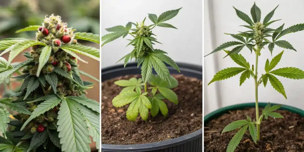 Collage of Cherry Pie OG growth stages from seedling to full bloom.