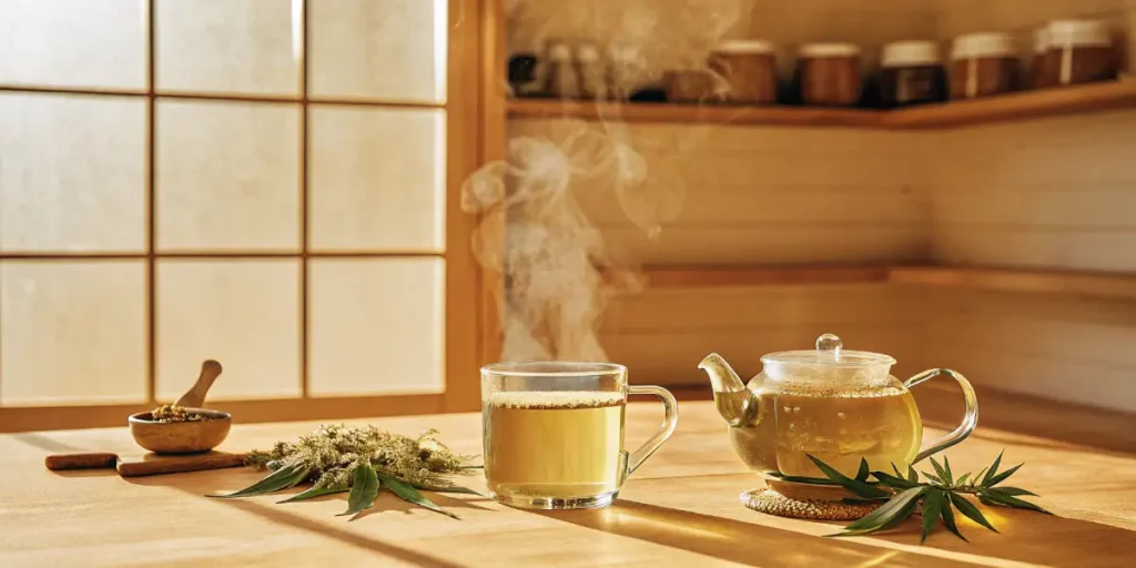 Hyper-realistic close-up of a person cleaning a glass bong with white powder, a lemon, and water on a wooden table, with steam rising.