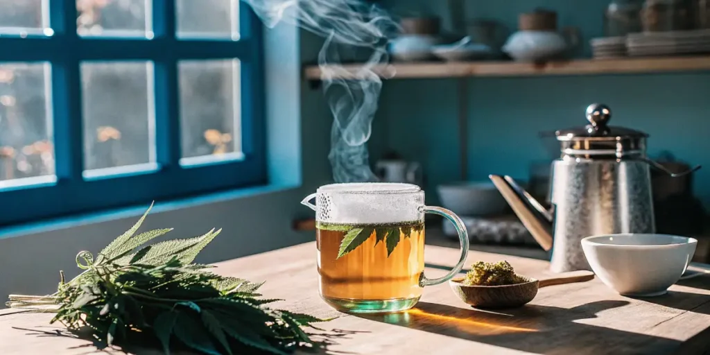 Hyper-realistic close-up of a person cleaning glass scientific glassware with white powder and lemon, with steam rising in sunlit room.