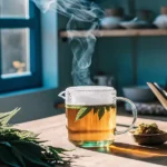 Hyper-realistic close-up of a person cleaning glass scientific glassware with white powder and lemon, with steam rising in sunlit room.