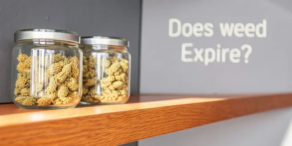 Two glass jars of dried hop cones on a wooden shelf, with "Does weed Expire?" text.