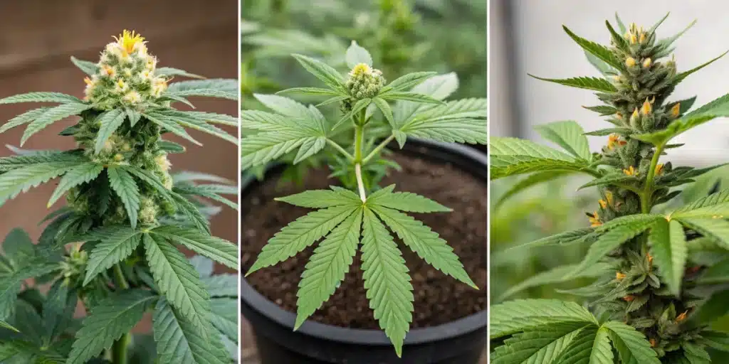 Collage illustrating the growth stages of Durban Poison, from seedling to mature flowering plant