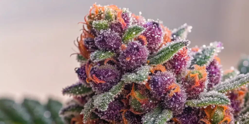 Frosted purple cannabis buds with orange pistils and sparkling trichomes.