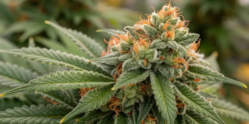 Detailed view of Gary Payton cannabis buds showcasing its trichomes, orange pistils, and healthy leaves.