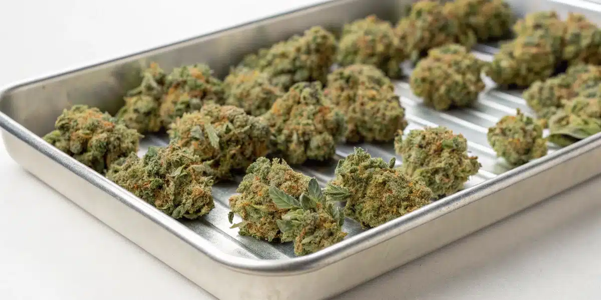 Tray of freshly harvested Girl Scout Cookies buds displaying dense, quality flowers ready for drying.