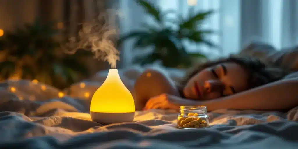 Woman sleeping peacefully with a diffuser and melatonin supplements, showcasing the relaxing effects of melatonin and weed.