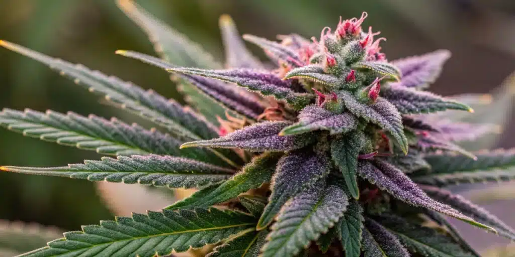 Macro close-up of resinous trichomes on a Khalifa Kush bud.