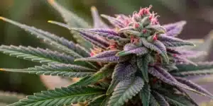 Macro close-up of resinous trichomes on a Khalifa Kush bud.