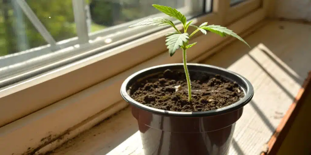 Khalifa Kush seedling emerging in a pot on a bright windowsill at early growth stage.
