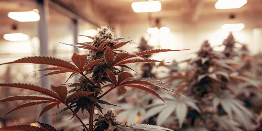 OG Kush cannabis plant with purple leaves growing in a well-lit indoor grow room.