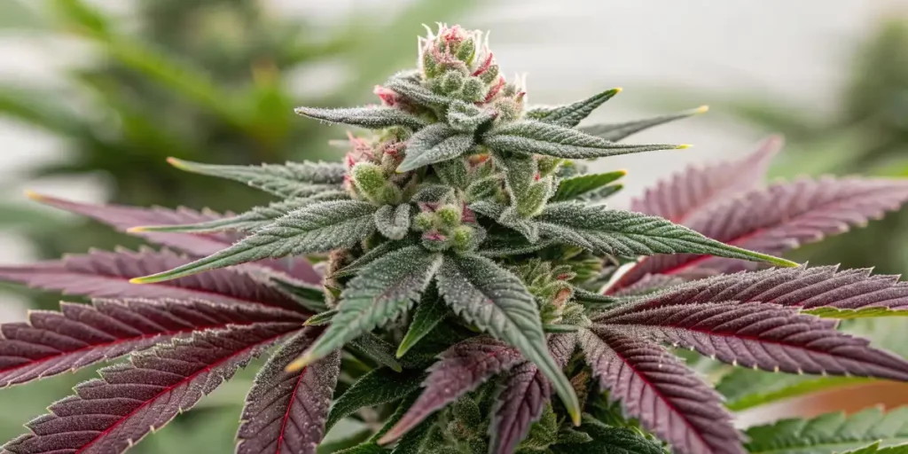 Purple cannabis strain bud with vibrant red leaves and a frosty, resin-coated appearance.