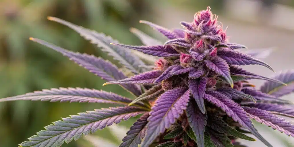 Detailed close-up of a Purple Gorilla Glue bud with rich purple coloration and abundant resin.