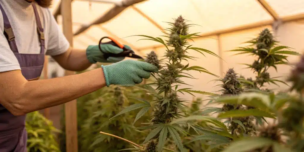 Grower trimming mature Purple Gorilla Glue buds to enhance airflow and prepare for harvesting.