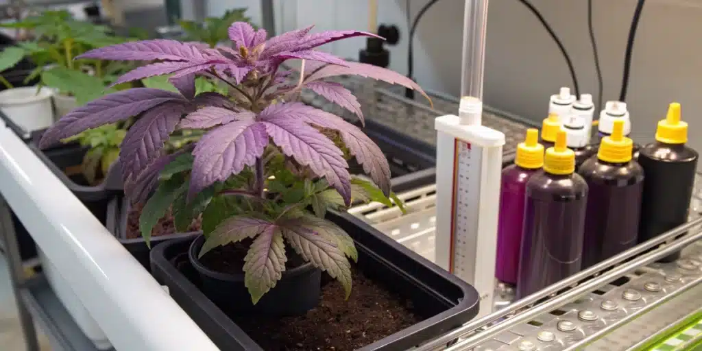 Hydroponic setup showing nutrient management for a Purple Gorilla Glue plant in an indoor garden.