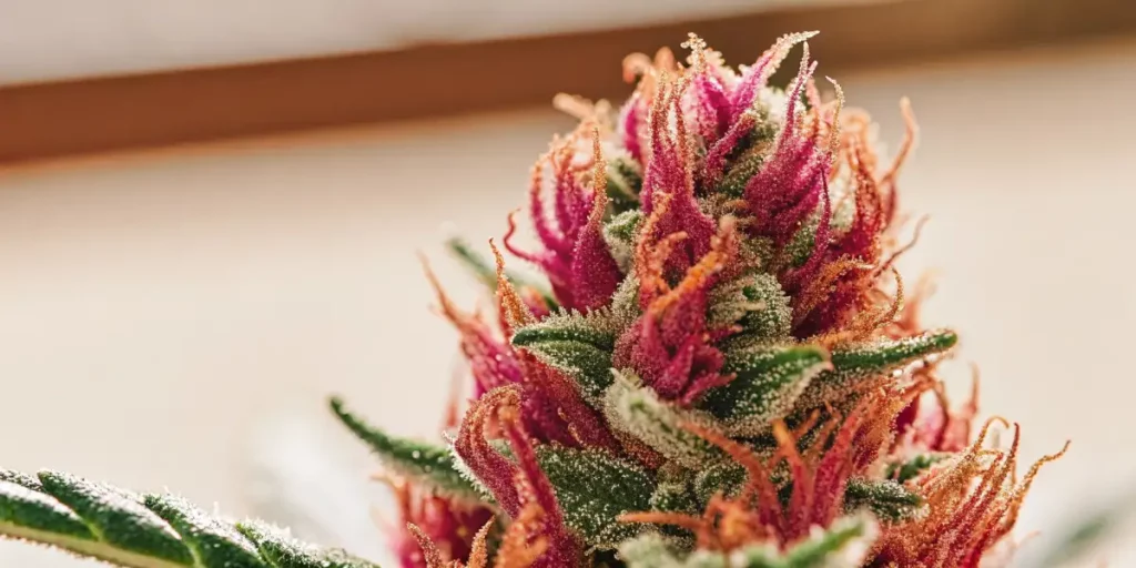 Vibrant cannabis flower with colorful pistils, frosty trichomes, and green leaves.
