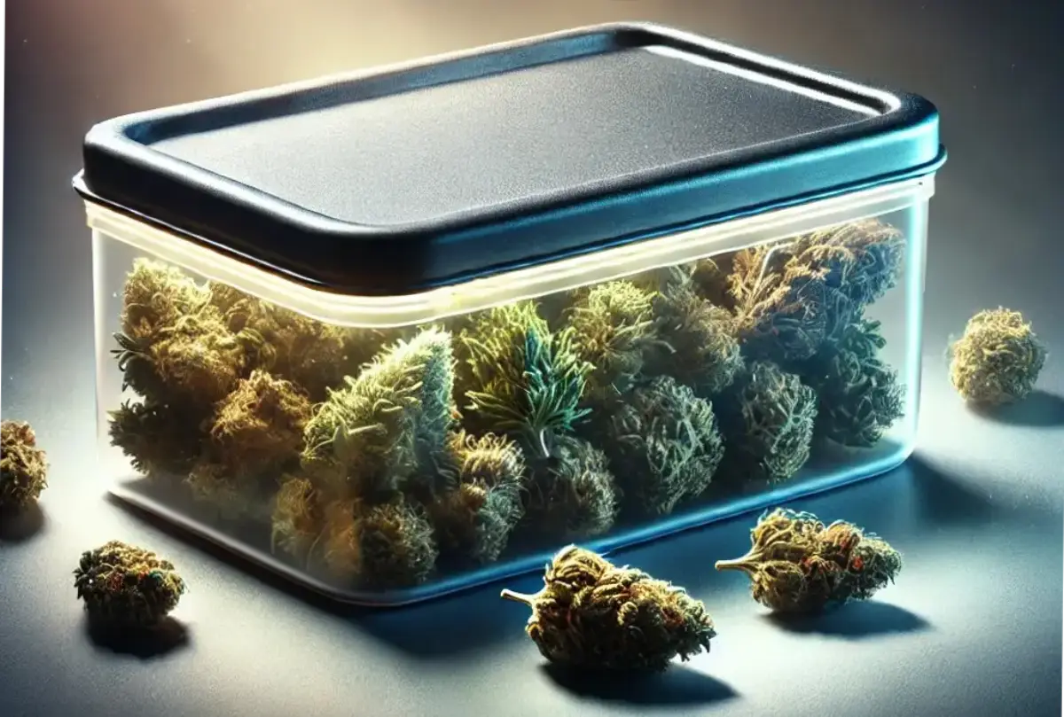 Transparent airtight container filled with dry cannabis buds