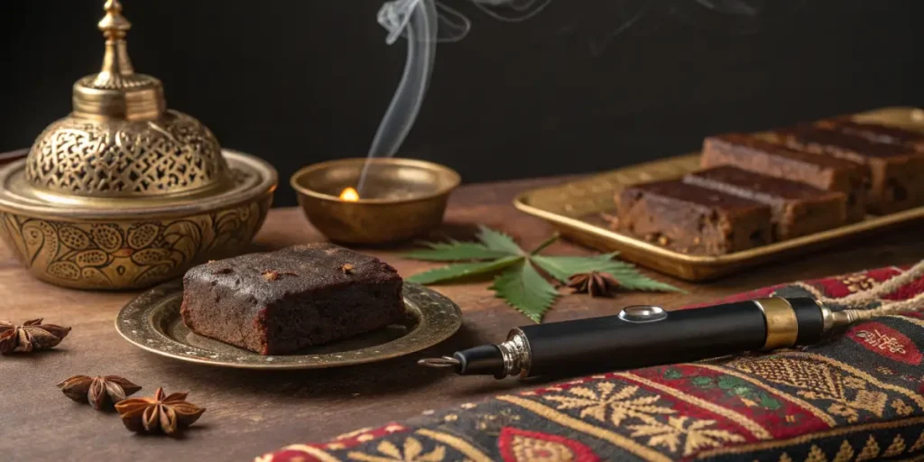 Cannabis brownie edibles with vape pen and incense on decorated table
