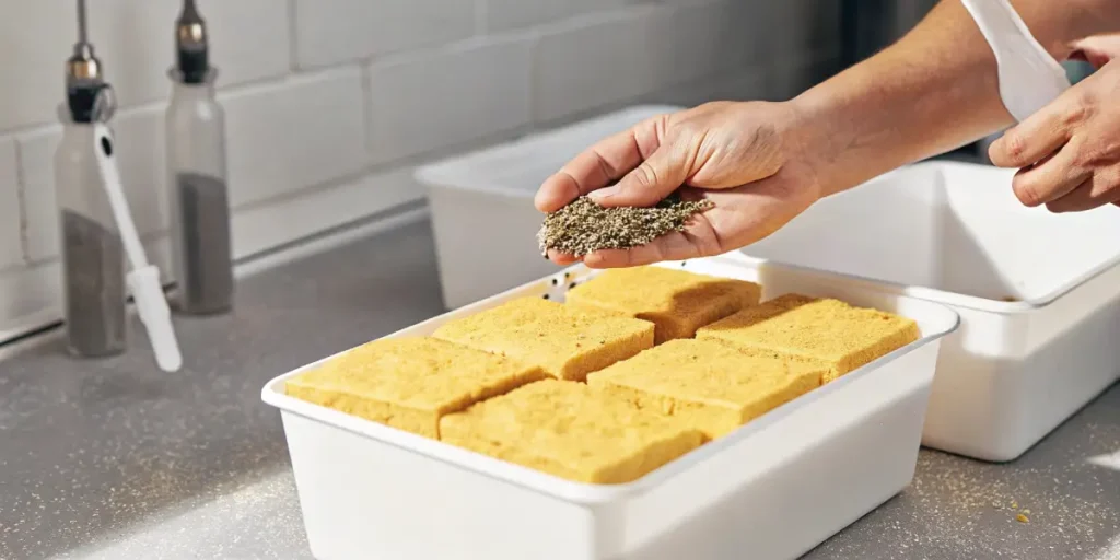 Cannabis seeds being prepared for germination on a tray with yellow growing cubes