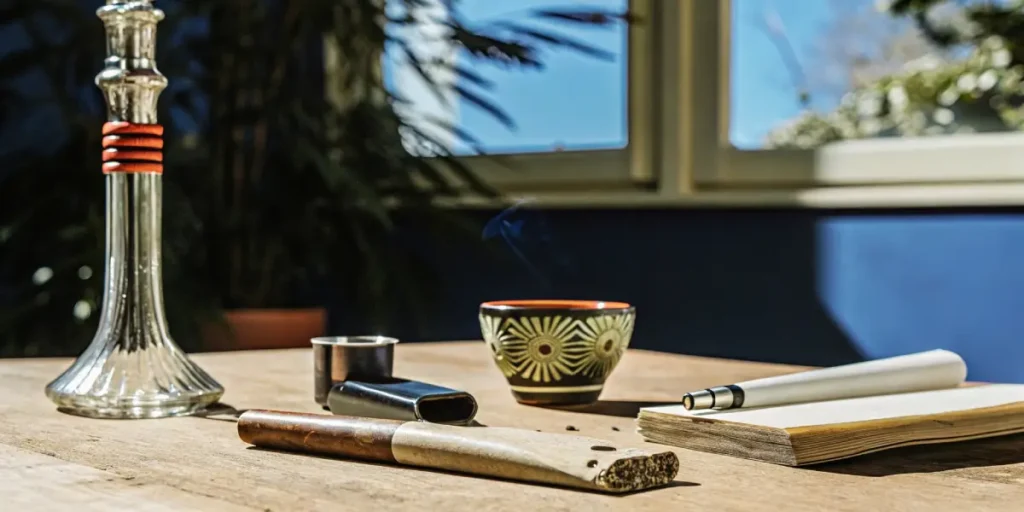 Modern cannabis vape setup with smoking accessories and joint on a wooden table