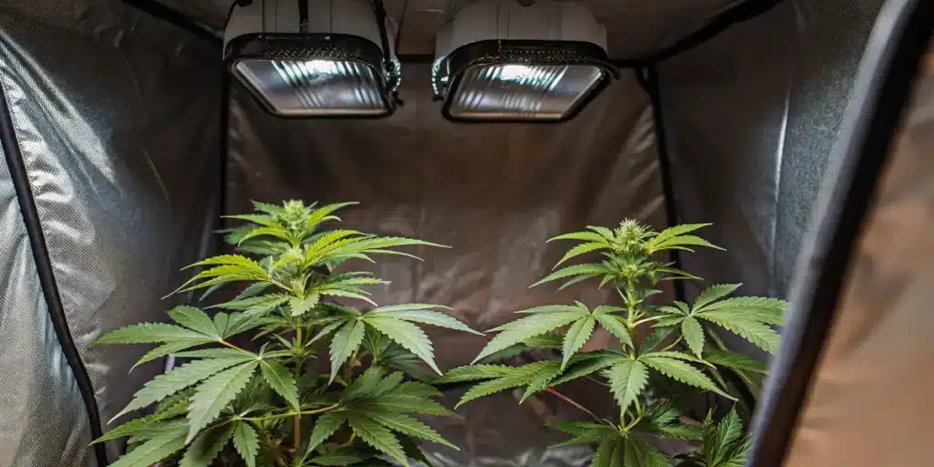 Compact indoor cannabis setup with two plants under LED lights inside a reflective grow tent.
