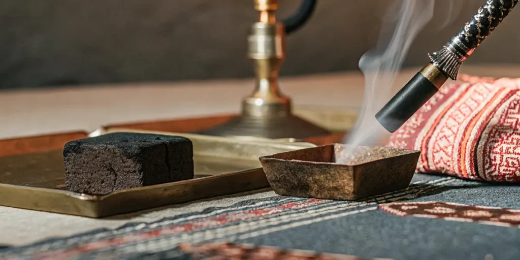 Closeup of hashish block with smoking hookah pipe and traditional fabric