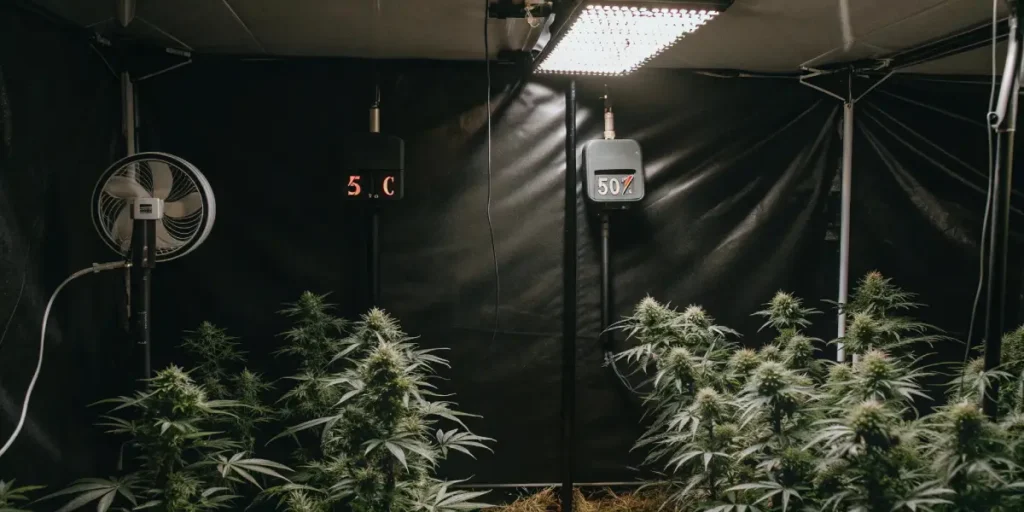 Indoor cannabis grow room with LED lights, temperature and humidity monitors, and mature flowering plants.