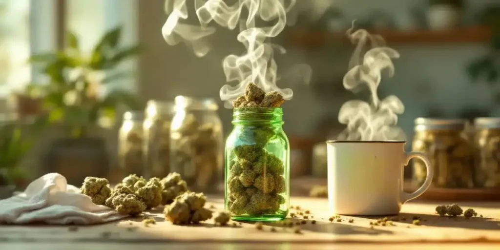 Cannabis buds in a green jar with steam rising next to a white mug