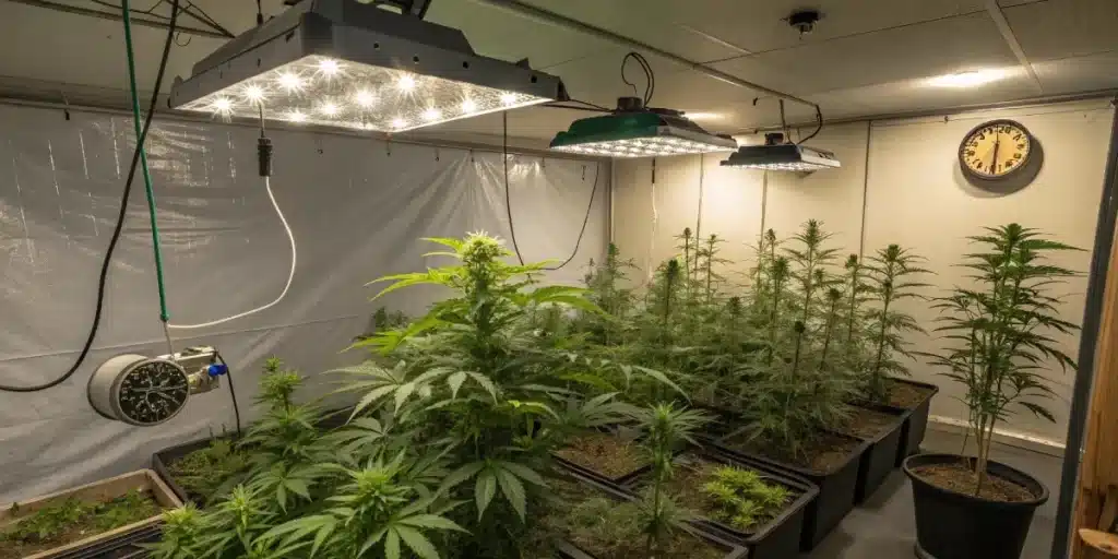 Large indoor cannabis grow room with LED and HID lights and rows of potted plants.