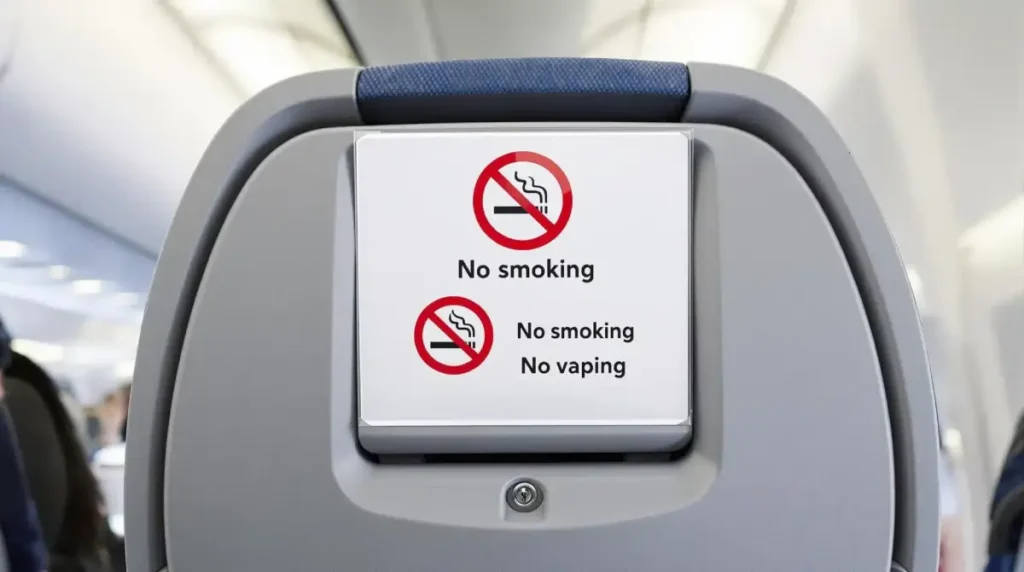 Airplane seat sign displaying no smoking and no vaping warnings with clear symbols.