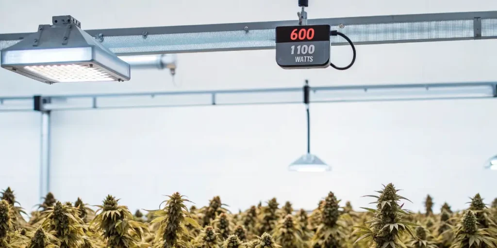 Cannabis lab scene with phosphorus control panel and flowering potted cannabis plants.