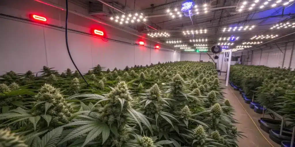 Potted cannabis plants growing under LED grow lights with control panel nearby.