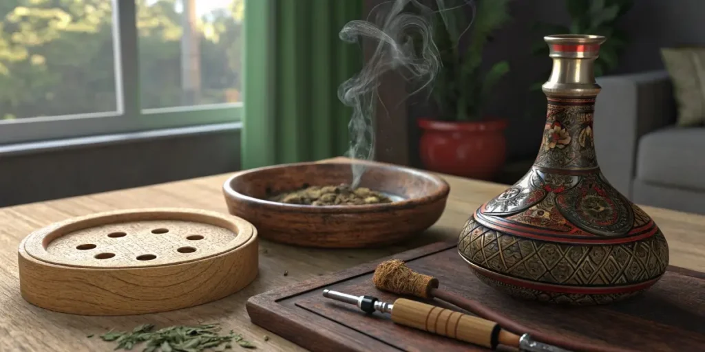 Ornate vintage hookah next to a smoking cannabis bowl on wooden table