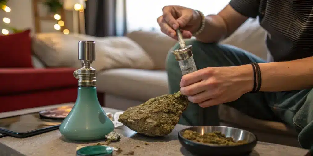 User breaking up a Moonrock by hand for smoking in a bong, highlighting its sticky texture and dense structure