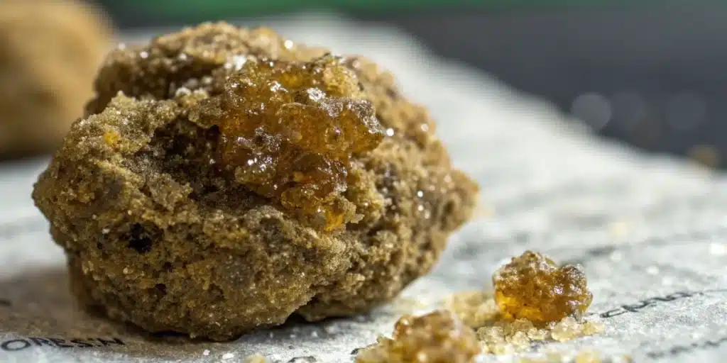 Moonrock cannabis concentrate covered in golden kief and hash oil, showcasing its rich texture and high potency.