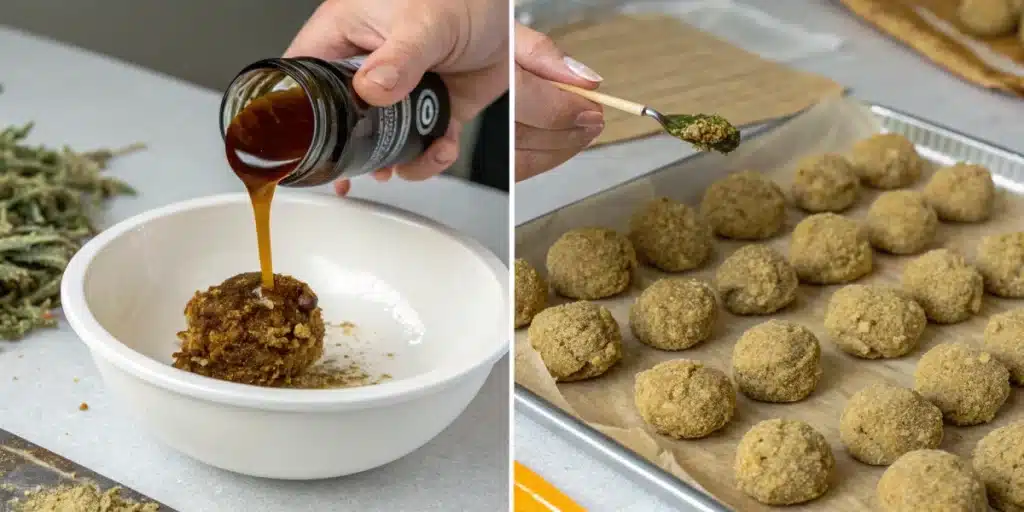 Step-by-step guide to making Moonrocks, featuring cannabis buds being coated in hash oil and kief for maximum potency.