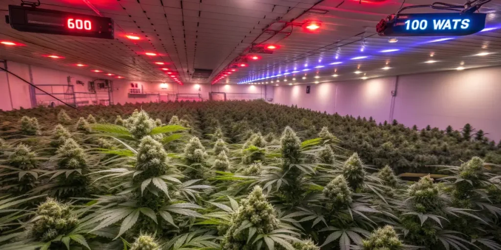 Young cannabis plants in pots under LED light with phosphorus nutrient flow system.