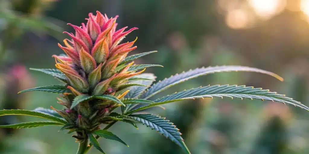 Close-up of a Banizzle bud with a unique color palette and heavy resin against a blurred background.