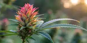 Close-up of a Banizzle bud with a unique color palette and heavy resin against a blurred background.