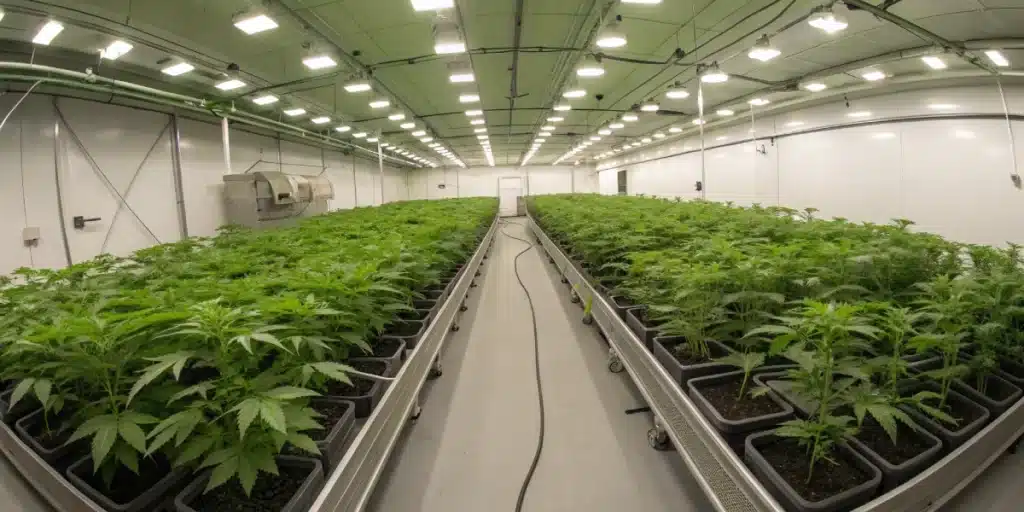 Panoramic indoor grow room with Banizzle plants in rows under dynamic LED lighting.