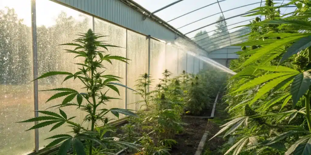 Banizzle plants thriving in an outdoor greenhouse with natural light and an active irrigation system.