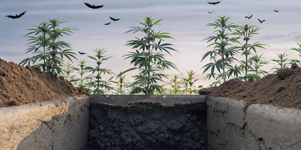 Two young plants growing in reddish-brown soil with bat silhouettes flying against an orange sunset sky.