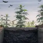 Two young plants growing in reddish-brown soil with bat silhouettes flying against an orange sunset sky.